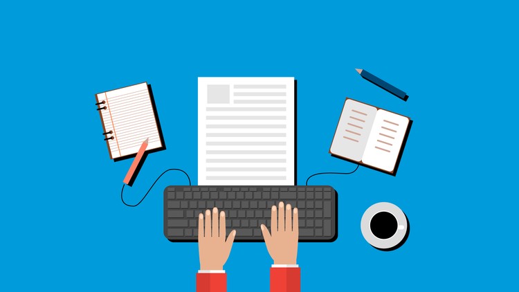 Blue background hands on keyboad with coffee and notebook