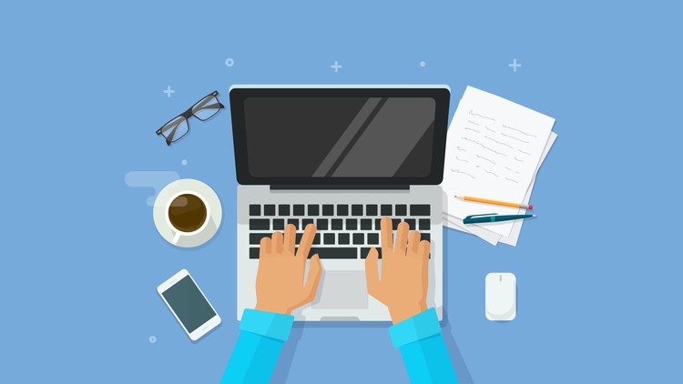 Laptop with coffee and paper and blue background